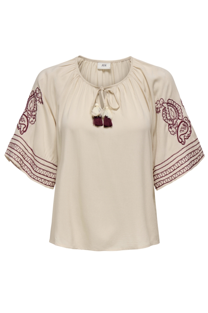 JDYRISSO LIFE BIANCA L/S TOP WVN 15347078 TAPIOCA/ FIG EMBROIDERY